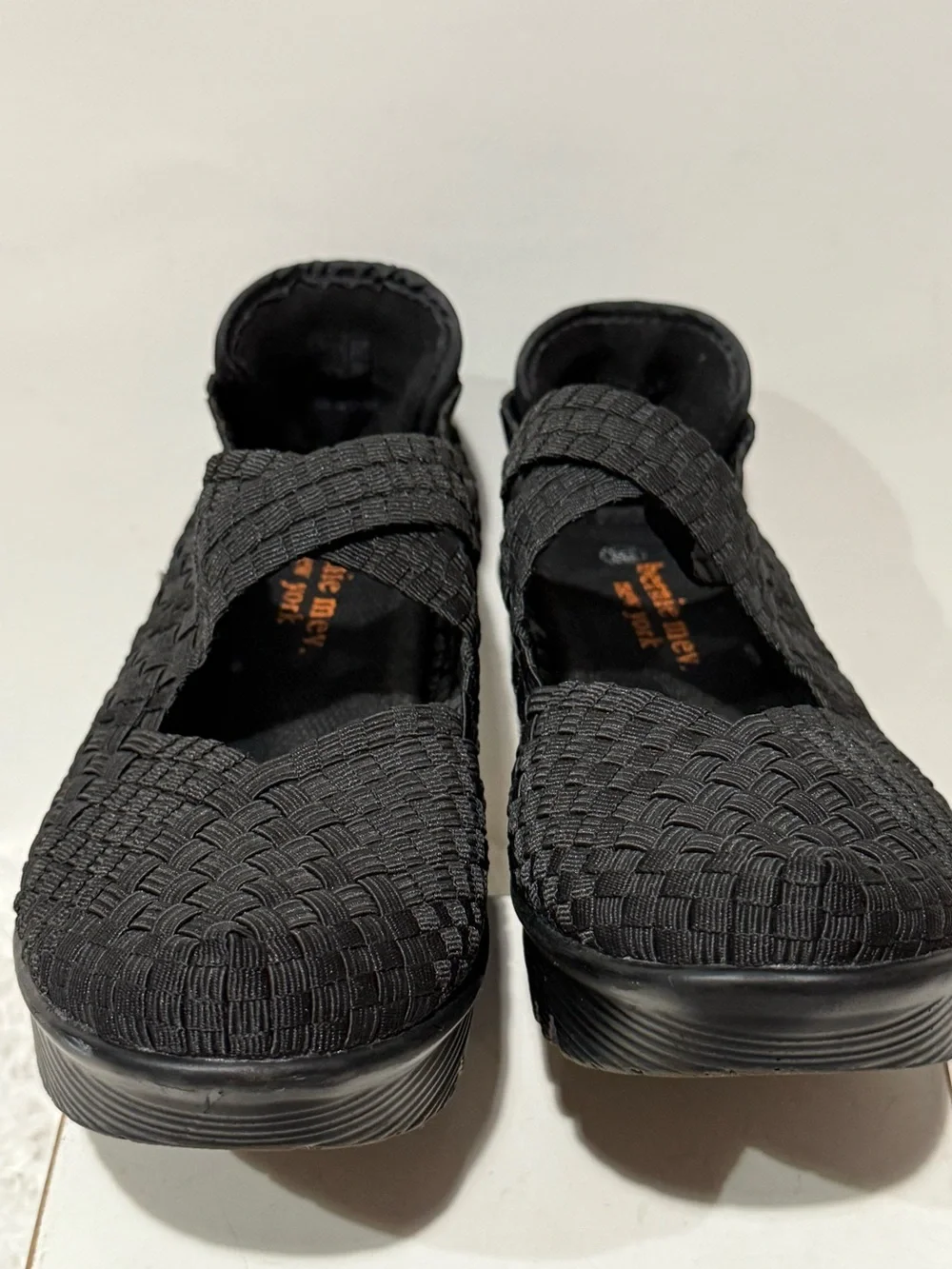 bernie mev. Black Woven Elastic Wedge Sandals Size 38 US7.5